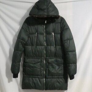 GARAGE | medium | Dark Green Puffer Coat - Parka | Faux Fur Lined Hood | NWOT
